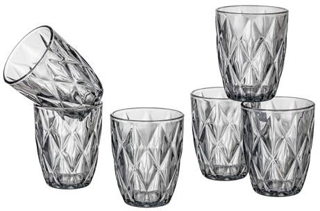 Baroni Home Set 6 pz Bicchieri Diamante in Vetro Colorati e Decorati con Rombo in Rilievo 28 CL, Bicchieri Eleganti Lavabili in Lavastoviglie, 8x8x10 cm Fumè