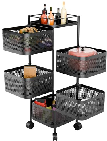 Kitchen Storage Cart, 5-Layer Kitchen Trolley on Wheels Rotating Trolley Kitchen Trolley Fruit Basket Storage Container Fruit Vegetable Metal Wire Shelf with Top Lid for Living Room (Black5-Layers)