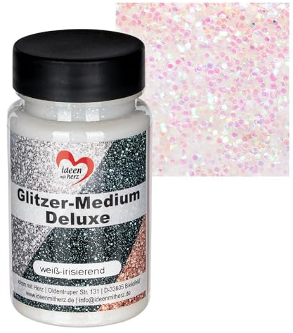 Ideen mit Herz Glitzer-Medium Deluxe | flüssiger Glimmer zum Pinseln, Spachteln, Tupfen | transparenter Glitzer-Lack | auf Wasserbasis | 90ml (weiß-irisierend)