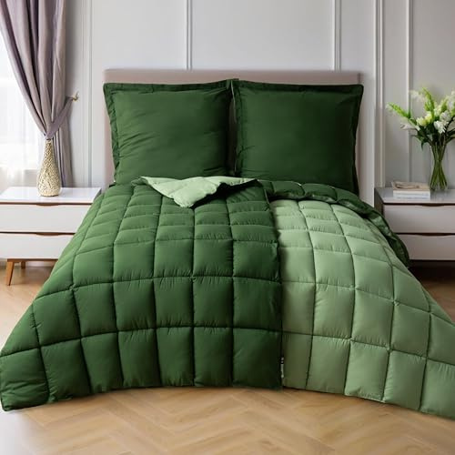 HIG Bettdecken Set 4-teilig mit 2X Steppdecke 135x200 cm und 2X Kissenbezügen 80x80 cm – Oeko-TEX zertifizierte, kastenförmig genähte Daunenalternative Sommerdecke in Grün (150 GSM)