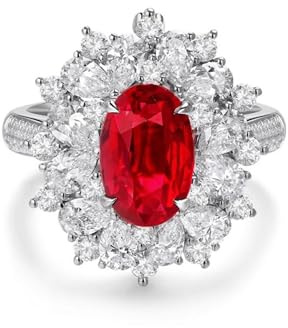 KnSam Weißgold 18K Freundschaftsringe, 3.01ct Labor Erstellt Rubin Eheringe Blumen Ovalschliff Rot, Echtes Ring mit Moissanit Au750 Gold, Gr.49 (15.6)