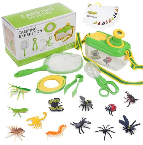 Nzkeuf Kit Esploratore Bambini, 7 Pezzi Set Caccia Insetti, Casella degli Insetti, Lente Ingrandimento, 12 Insetti Finti, Gioco Kit Osservazione Insetti Regalo per Bambini 3 4 5 6 Anni