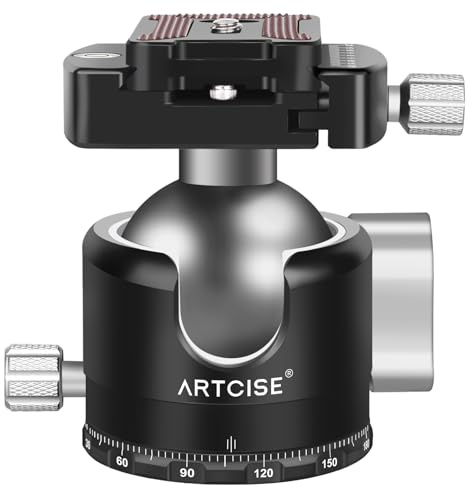 Testa a sfera a profilo basso ARTCISE, testa per treppiede in metallo da 50 mm compatibile con piastra di sgancio rapido Arca 1/4 per treppiede monopiede fotocamera DSLR, capacità di carico: 30kg