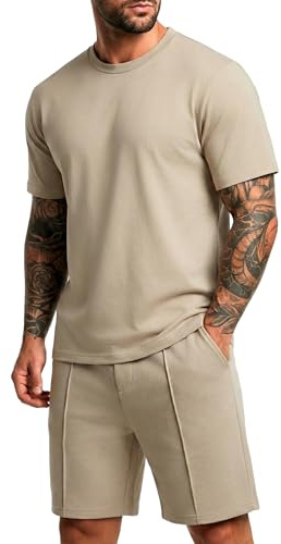 QIXING 2-Teiler Herren Sommer Outfit Kurz Trainingsanzug Hemd & Shorts Set Freizeitanzug mit Taschen Kurzarm