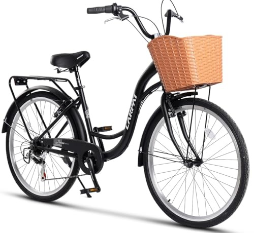STAPERFO City Bike 26 Zoll für Erwachsene 150-165 cm, 7-Gang Schaltung, V-Bremse, Trekkingrad mit Gepäckträger und Frontkorb, 85% vormontiert, Schwarz