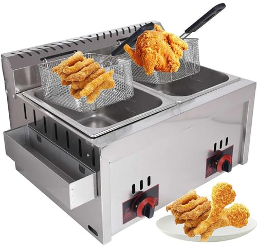 Gasfritös – dubbelcylinder rostfritt stål fritös för restauranger med temperaturreglering och korg – LPG-bänkskiva design