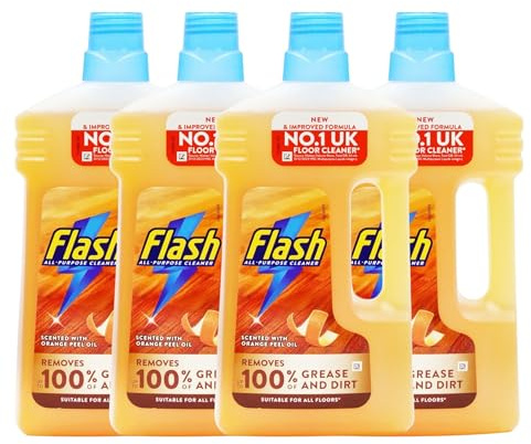 4 x 1000ml Flash All Purpose Floor Cleaner for Wood Floors– Multi Surface Cleaning Liquid with Orange Peel Oil – pH Safe Wood Floor Cleaner for Shine & Protection