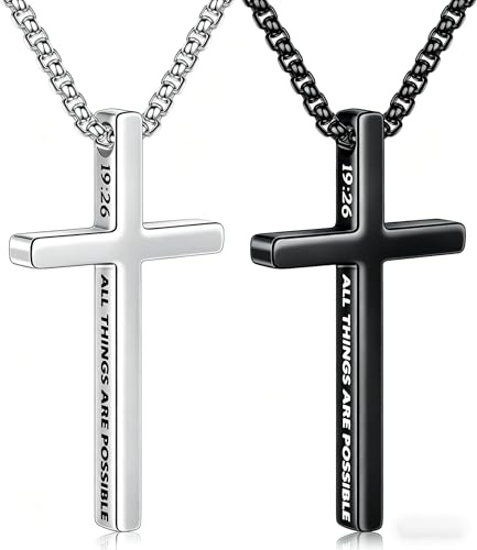 M MOOHAM 2 Stück Kreuz Kette für Herren Inspirierender Bibelvers Kreuz Halskette Set Edelstahl Silber Schwarz Kreuz Anhänger Erstkommunion Geschenke Christliche Taufgeschenke Vatertag für Jungen