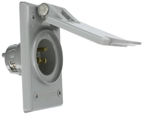 Leviton Straight Blade Flanged Male Power Inlet Receptacle, 15 A, 125 V, Nylon Face, Body And Strap, 5278-CWP, Gray