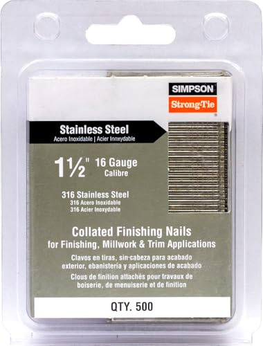 Simpson Strong-Tie T16N150FNB Straight, Adhesive Collation, T-Style Head, 16-Gauge Finishing Nail — 1-1/2 in. Type 316 (500-Qty)
