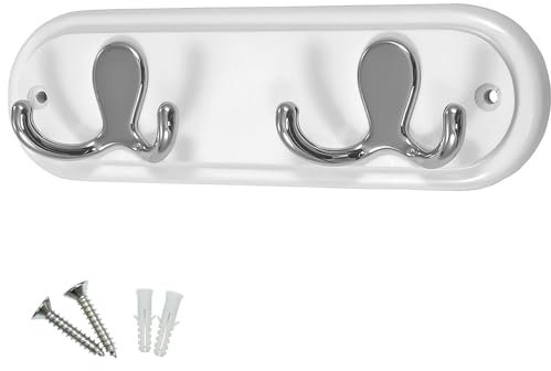 Keypak Compact Door Wall Mounted Robe Coat Rack with 2 Double Hooks, Fixings Included, 22cm, Polished Chrome on White