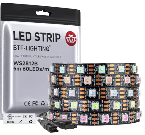 BTF-LIGHTING WS2812B IC RGB LED Strip,UL Listed,Pure Gold Wires,DC5V 16.4FT 300LED 5050SMD,Individually Addressable,Flexible for DIY Chasing Full Color Project,3M Tape,IP30(No Adapter or Controller)
