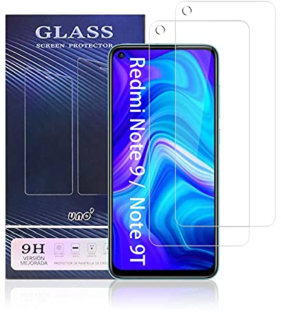 UNO' Pack 2, Protector Pantalla Cristal Templado Compatible con Xiaomi Redmi Note 9 5G, Redmi 10X 4G, Redmi Note 9T - Ultra Resistente, Sin Burbujas, 9H, Antiarañazos, Fácil Instalación.