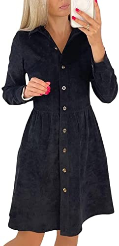 Lazutom Robe chemise décontractée en velours côtelé à manches longues boutonnée pour femme, Noir , 44
