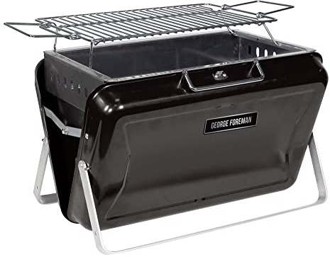 George Foreman Barbacoa de carbón portátil, caja de herramientas portátil, patas plegables resistentes, mango cómodo, ligero, camping, negro, barbacoa de carbón, GFPTBBQ1005B