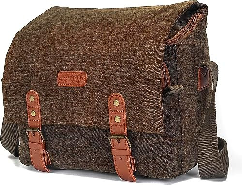 CADeN Canvas Kamera Umhängetasche Umhängetasche Lederbesatz kompatibel für Canon, Nikon, Sony SLR/DSLR Spiegellose Kamera und Objektive Wasserdicht, Large Coffee