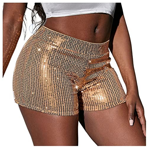 SHTGOI 1 styck paljettshorts för damer, glitter, hög midja, hot pants, sexiga högelastiska, hotpants, lediga lösa korta byxor, kläder för barshower, temafest, nattklubb, dans, kostym, guld