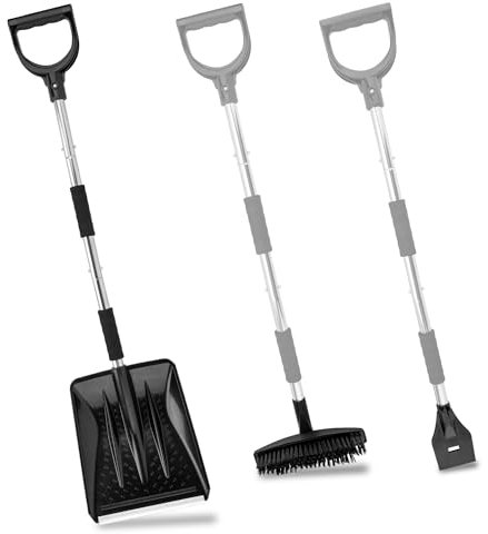 LESOLEIL Juego de Pala de Nieve, 3 en 1 Pala de Nieve Plegable con Raspador de Hielo y Cepillo de Nieve, Mango de Acero Inoxidable,para Coche, camión, Camping al Aire Libre (Negro)