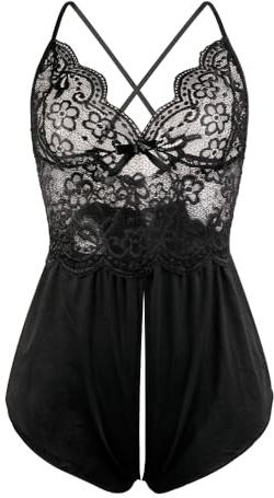 Satohom Dentelle Femme - Tenu Sexy Coquin Sexy Ouverte Vetements De Nuit Lingerie Licou en Une Pièce Dentelle avec Un Dos Nu et Un V Profond Chemises de Nuit Combinaison S-3XL