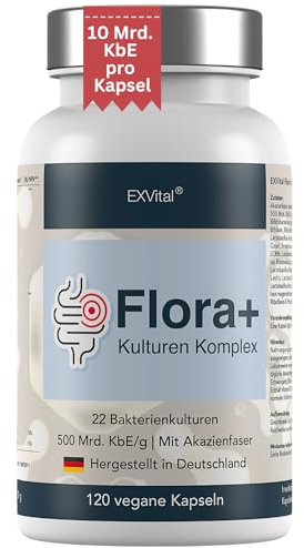 EXVital Flora+ Kulturen Komplex mit 500 Mrd. KBE/g - 22 Bakterienkulturen mit Akazienfaser - Effektive Darmbakterien u.a. Lactobacillus Salivarius & Bifidobakterien, 120 vegane Kapseln