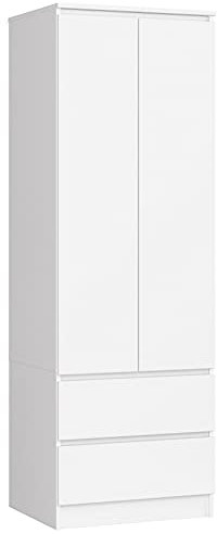 AKORD Kleiderschrank Star S | Zweitürig S 60 cm | 2 Schubladen mit Regalen und Einer Kleiderstange | für Kleiderschränke Schlafzimmer | laminierte Platte 16 mm Farbe Weiß