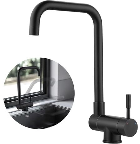 WOOHSE Vorfenster Küchenarmatur Schwarz Matt, Wasserhahn Küche 360° Drehbare, Armatur Küche Unterfenster Klappbar 180°, Einhebel Spültischarmatur aus Edelstahl