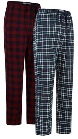 GLOBAL Pantalones de Pijama para Hombre 100% Franela de Algodón Cuadros Rojos Cuadrículas Azules y Verdes L