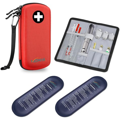 MEDMAX Borsa Termica per Insulina con 2 Impacchi di Ghiaccio, Rigido EVA Protettiva Custodia Medicinali Astuccio Organizzatore da Viaggio per Penne Insulina e altri Prodotti per Diabetici, (Rosso)