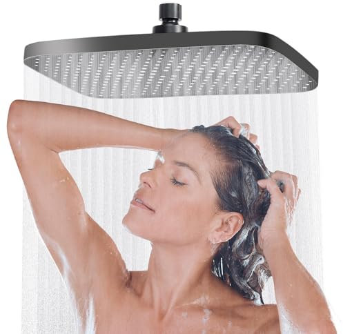 Soffione Doccia a Pioggia, Soffione Doccia 14 Pollice Docce Fisso Quadrato in Acciaio Inox, Testa Doccia Regolabile 360° Soffione Doccia Alta Pressione con Ugelli Anticalcare(Nero)