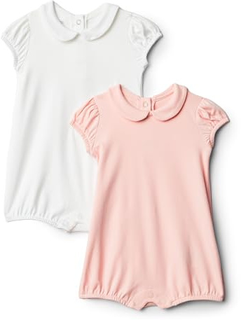 Amazon Essentials x Sofia Grainge Baby Girls' Cotton Short Sleeve Romper with Peter Pan Collar, Pack of 2, Light Pink/White, 18 Months