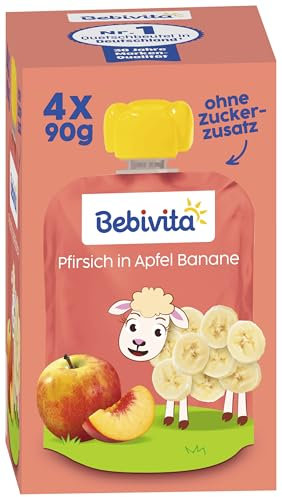 Bebivita Pfirsich in Apfel Banane Quetschie – 16 Stück (4er Pack, je 4 x 90g), ohne Zuckerzusatz, glutenfrei, ideal für unterwegs und selbständiges Snacken
