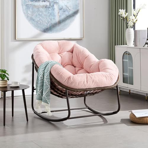 Wohh Outdoor Rattan Rocking Chair,Padded Cushion Rocker Recliner Chair Outdoor for Front Porch, Living Room, Patio, Garden (Pink)