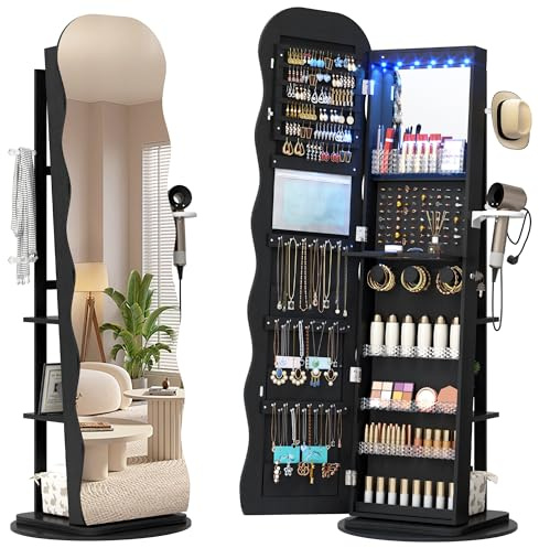 LVSOMT Armoire à bijoux LED avec Miroir Ondulé, Rotative à 360° Armoire à bijoux Verrouillable, Armoire Miroir Debout pour Salon et Chambre à coucher, étagère à 3 niveaux et 3 crochets, Noir