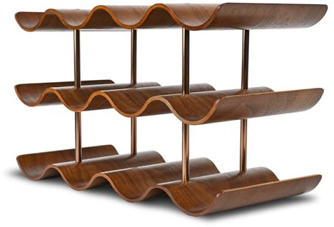 TRUDING Countertop Wine Rack - 12 Bottle Freestanding Wine Bottle Holder Stand - 3 Tier Wooden Wine Storage Rack - Walnut Wavy Wine Organizer for Cabinet Pantry Home Kitchen Bar