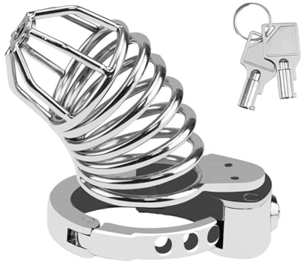 Keuschheitskäfig für Männer mit Ein-Klick-Verriegelung, Sexspielzeug für Erwachsene mit Verstellbarem Ring, Peniskäfig aus Edelstahl mit Belüftungslöchern und Doppelschlüsseln (E-67)