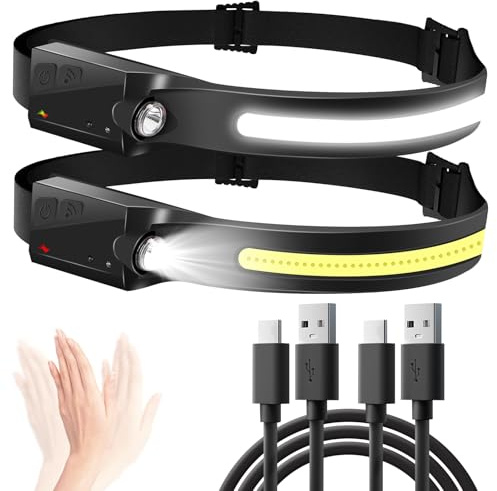Aigostar Torcia Frontale Led Ricaricabile，Lampada da testa con Sensore di Movimento，6 Modalità di Luce，230° Angolo Ampio， USB-C， Leggero (0.14 lb) per Campeggio，Corsa，Ciclismo，Pesca， 2 Pezzi