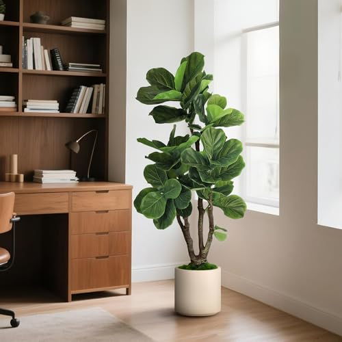 Fiddle Leaf Fig Tree Artificial 4.5FT - 54 Inch Tall Fake Plant Indoor Faux Tree with Bendable Branches & Realistic Leaves, Faux Floor Plant for Home Office Decor in White Pot