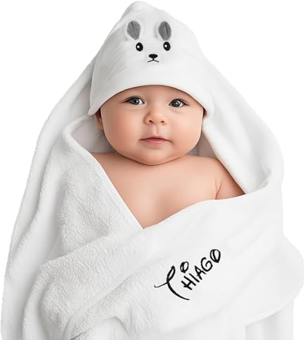 Gaosh Accappatoio Neonato Personalizzato con Nome Asciugamano Neonato Bagnetto con Cappuccio Morbido e Confortevole per Bambina Regalo Neonata Femmina, Nascita Bimba (Bianco)