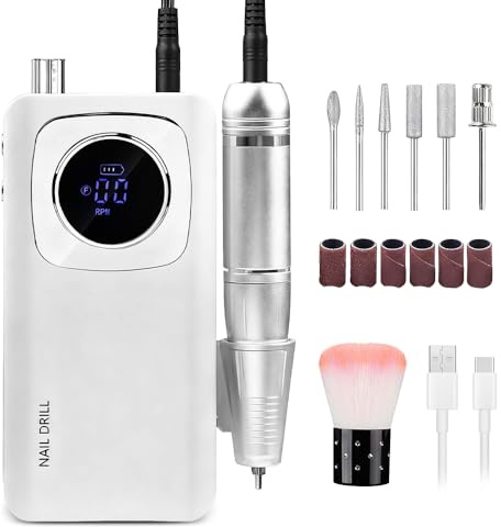 Weciau 45000RPM Professional Nail Drill Machine, Electric Nail File with 6 Bits, Brush and LED Display, Rechargeable Nail Drill for Acrylic and Gel Nails, Home and Salon Use