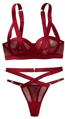 Ensemble de Lingerie féminine Ensemble Soutien-Gorge et Culotte à Armatures en Maille Sexy Transparents pour Femmes