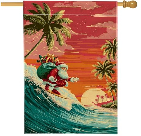 Drapeau de maison du Père Noël, vagues tropicales de palmier de Noël rouge double face en toile de jute décorative pour extérieur, terrasse, cour, pelouse, entrée, balcon, 71,1 x 101,6 cm