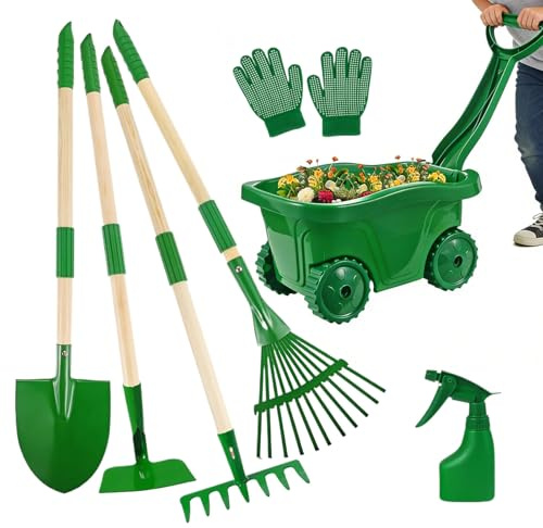 Kinder Gartenset,Gartenspielset mit Rechen, Schaufel, Hacke, Laubrechen, Schubkarre, Handschuhen und Sprühflasche -Kinder Werkzeug-Set,Für den Garten, den , Ostern, Geburtstag, Weihnachten, Neu