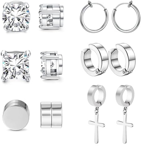 APMGONT 6 Paires Boucles d'Oreilles Magnétique Homme Boucle d'Oreille Aimantée Homme en Acier Inoxydable Argent Noir Boucles d'oreille Clip Unisexe (Argent)
