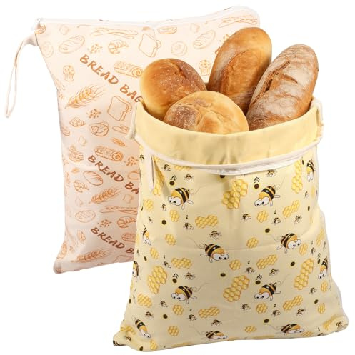 Goshoppers Lot de 2 sacs à pain en cire d'abeille avec fermeture éclair en L – Sacs à pain réutilisables en lin 43x33cm, Grand sac à pain pour conserver la fraîcheur du pain au levain & de la