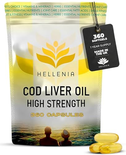 Cod Liver Oil Capsules High Strength 1000mg | 360 Fish Oil Capsules UK Made - 1 Year Supply | Rich Source of Omega 3 Essential Fatty Acids | High EPA DHA | Gluten Free - Made in the UK for Hellenia