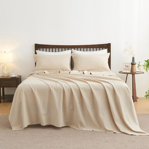Simple&Opulence Belgian Linen Sheet Set Solid Color - 4 Pieces (1 Flat Sheet, 1 Fitted Sheet & 2 Pillowcases) Natural Flax Cotton Blend Soft Breathable Farmhouse Bedding - Queen Size, Linen/Beige
