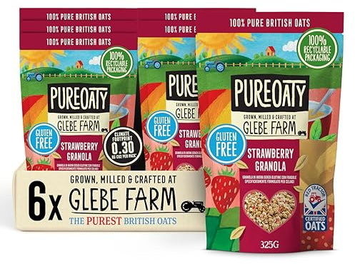 Glebe Farm Gluten Free PureOaty Strawberry Oat Granola 6PK, Healthy Wholegrain Oats To Help Lower Cholesterol, 100% British Oats, Vegan & High In Fibre, Delicious Granola Cereal, 6x 325g
