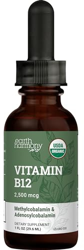Earth Harmony Naturals Organic Vegan Vitamin B12 Sublingual Liquid Supplement - 2500mcg Methylcobalamin Drops for Natural Energy, Metabolism Health and Immune System Support - 1 Fl Oz