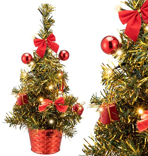 CASARIA® Mini Sapin de Noël Artificiel 36cm Guirlande Lumineuse 10 LED Blanc-Chaud minuteur 6h/18h Arbre de Noël décoré réutilisable Vert