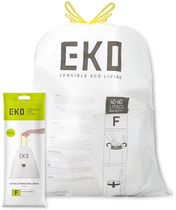 EKO Size F Bin Liners For Kitchen Bins - 40 - 60 Litre Capacity - Extra Strong Bags with Drawstring Tie Handles - 12 Bags,White